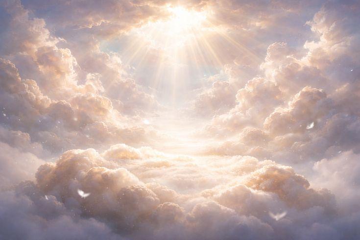Soft golden light breaking through towering clouds, with white doves drifting across a radiant sky.