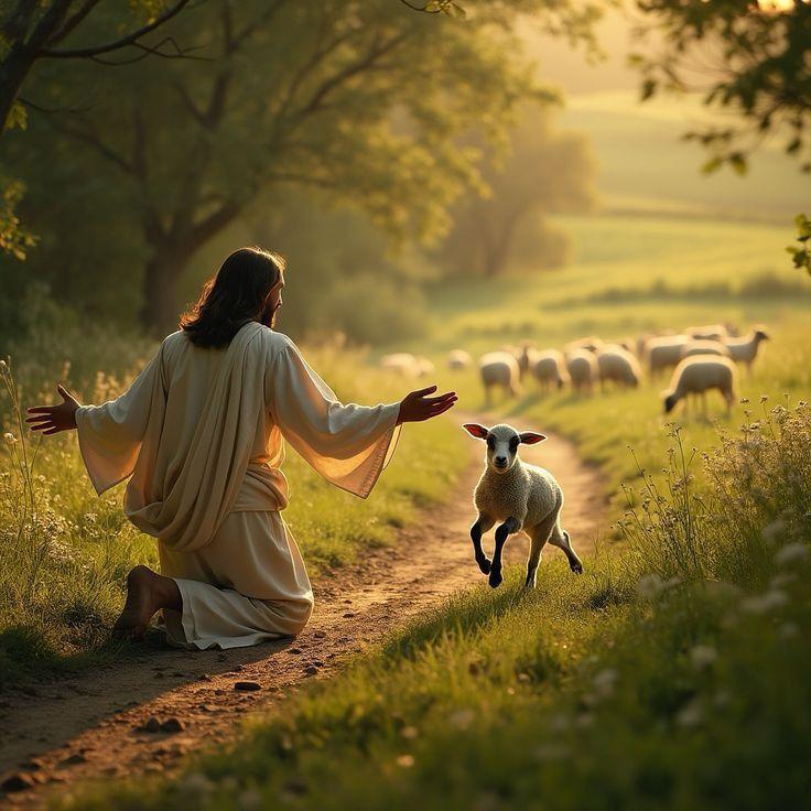 Jesus kneeling on a sunlit meadow path with his arms open wide as a lamb runs back to him, the flock grazing beyond.